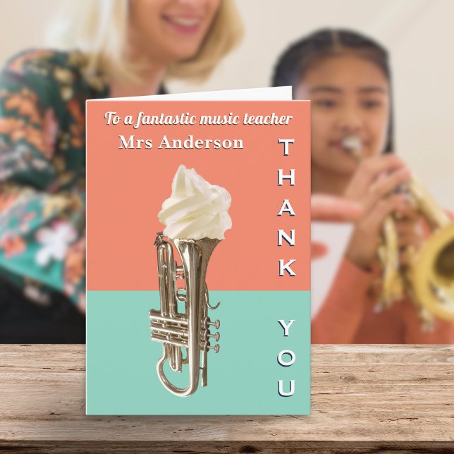 Cartão Engraçado Professor de Brass Cornet Sorvete Obriga (A funny 'Thank You' card for a music teacher, with ice cream cornet picture)