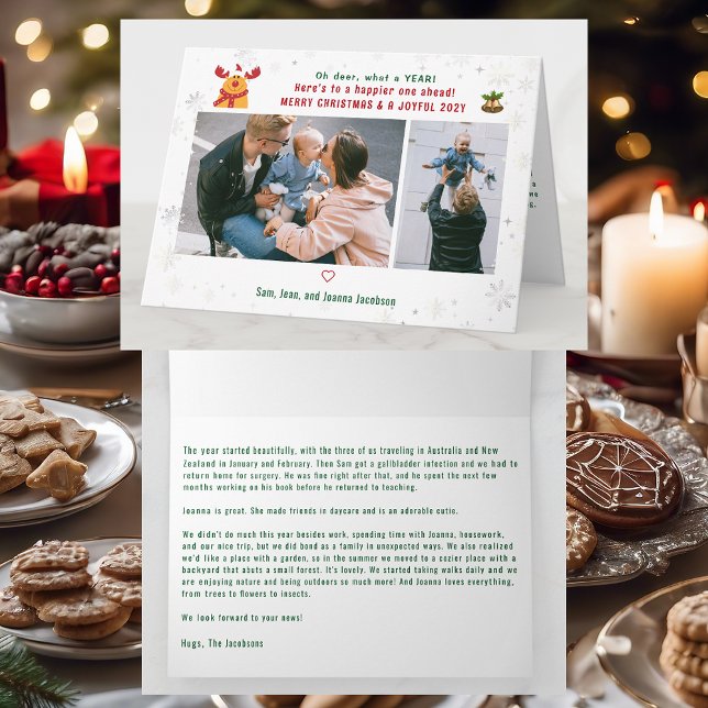 Cartão Engraçado Rudolph Oh Deer Feliz Foto De Natal Boni (Cute Funny Elegant Oh Deer What a Year Rudolph Snow Merry Christmas Joyful New Year 2 Photos Letter)