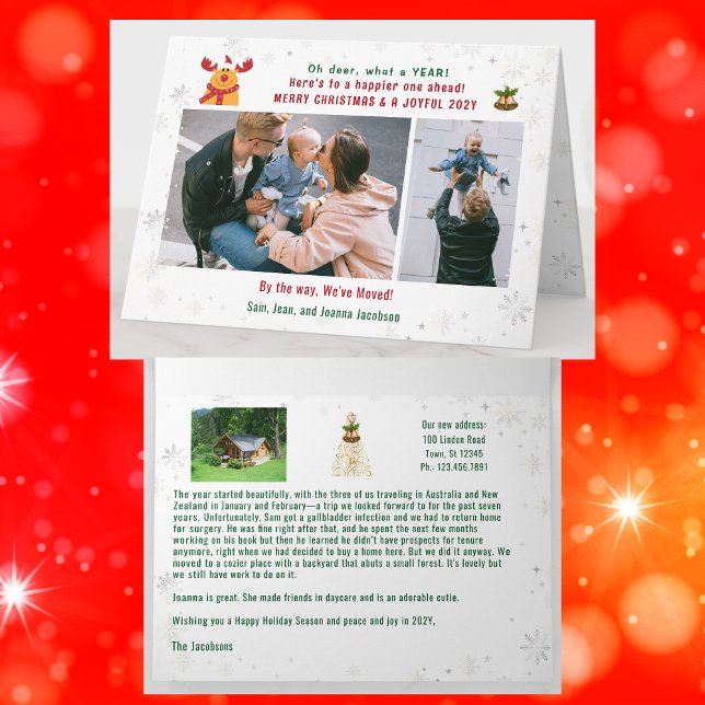 Cartão Engraçado Rudolph Oh Deer Mudamos 3 Fotos Colagem (Funny Rudolph Oh deer what a year Christmas card. 3 Photos. We've Moved. Cute, festive snowflakes)