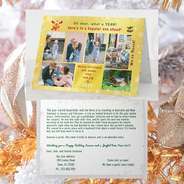 Cartão Engraçado Rudolph Oh Deer Nós mudamos o Ouro de 6  (Funny Rudolph Oh deer Christmas card. 6 Photos. Peace, love, joy. We've Moved. Elegant, golden. Snow)