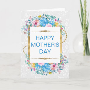 Cartão Enrubescer & Flores Azuis & Brilho Dourado Dia das