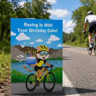 Cartão Entrega de Bolo de Aniversário de Bicicleta de Gat