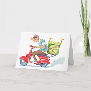 Cartão Entregador de Pizza em Scooter Vermelho