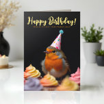 Cartão Entretenimento com logotipo da empresa Robin Bird<br><div class="desc">Comemore aniversários com um toque de charme e profissionalismo com este cartão original de aniversário de promocional corporativo, com um adorável robô gerado por IA vestindo um chapéu de festa, acompanhado de cupcakes festivos em um elegante fundo negro. Este modelo de cartões de aniversário de negócios para escritório personalizável é...</div>