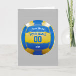 Cartão Equipe conhecida do ano de jogador de voleibol<br><div class="desc">Precise uma ideia original dar a sua equipe? Design azul e amarelo personalizado do voleibol. Introduza seu nome da equipe,  o nome do jogador,  número do jérsei,  ano. Este o chaveiro faz um presente original da equipe.</div>