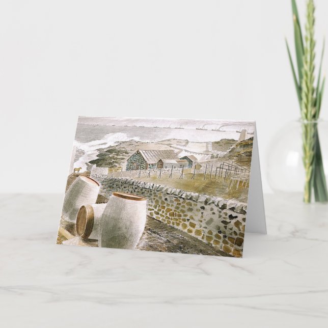 Cartão Eric Ravilious art, comboio passando por uma ilha (Frente)