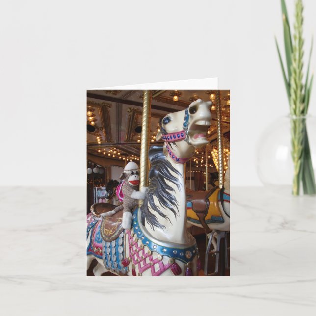 Cartão Ernie the Sock Monkey Carousel Horse Note Card (Frente)