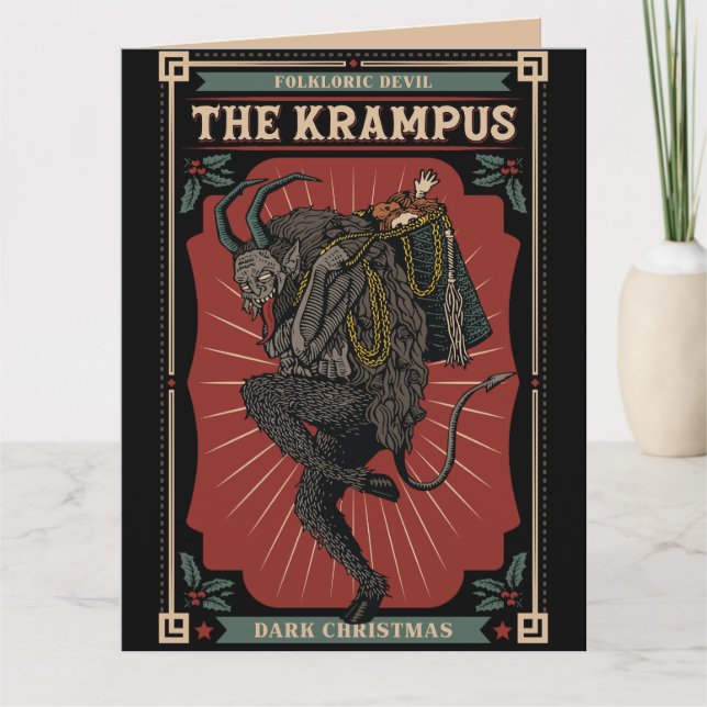 Cartão Escuro Natal Folclórico Demônio Krampus Saco de Br (Frente)