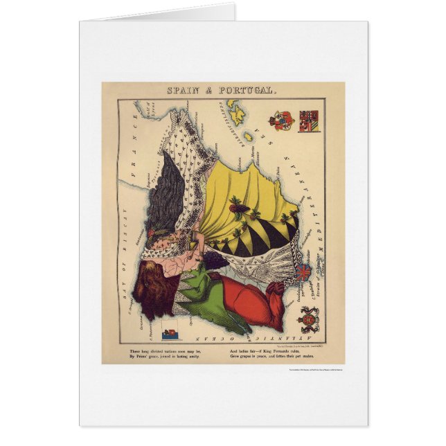 Cartão Espanha & mapa 1868 da caricatura de Portugal (Frente)
