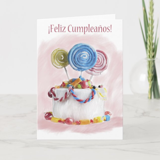 Cartão espanhol do bolo de aniversário de Feliz (Frente)