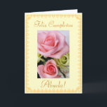 Cartão Espanhol: O aniversário Cumpleanos/Abuela dos<br><div class="desc">Tarjeta postal: Abuela do la do diâmetro de Cumpleaños de do EL de Flores para. Mensajes do sus de Puede cambiar/personalizar.  "Avó do feliz aniversario! " Cartão no espanhol com imagem de flores cor-de-rosa e azuis no fundo do beije.   Personalize sua mensagem!   Fotografia por Maria Santos (Lusinhas faz Sul)</div>