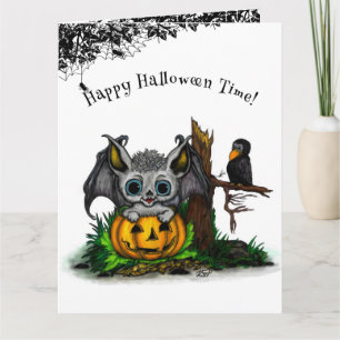 Cartão Esperando o Halloween, Cute Bat e Raven