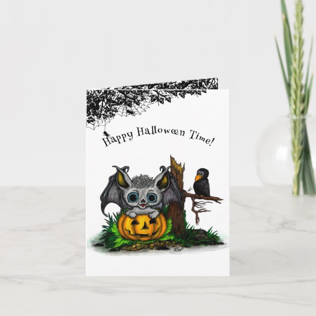 Cartão Esperando o Halloween, Cute Bat e Raven (Frente)
