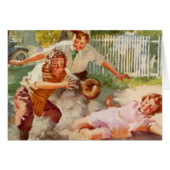 Cartão Esportes Vintage, Crianças Jogam Baseball Stickbal (Frente Horizontal)