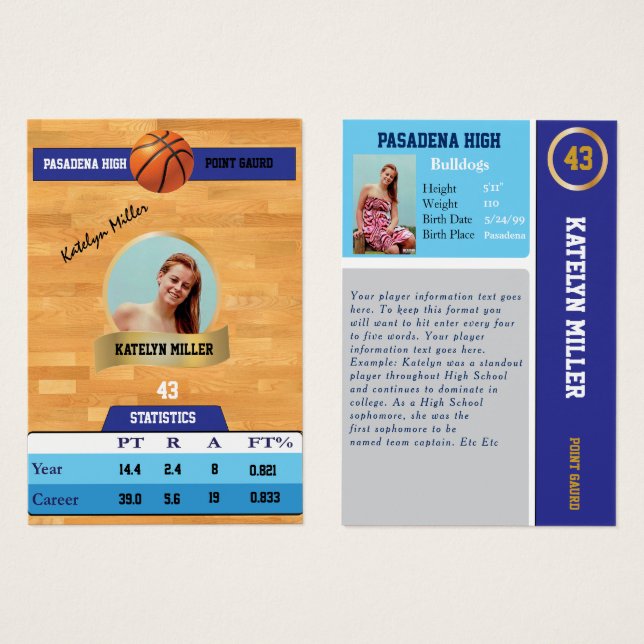 Cartão Esportivo Azul de Basquete com Autografo (Frente & Verso)