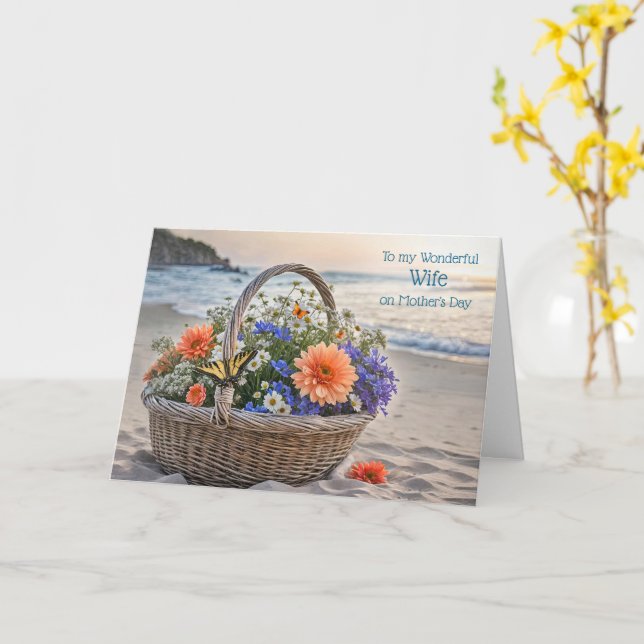 Cartão Esposa Feliz Dia das Mães com Cesto Flores Praia (Flor Amarela)