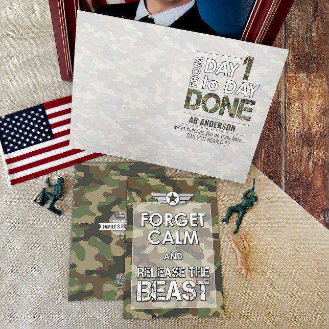 Cartão Esqueça Calmo Divertido Camuflagem Militar BMT Tre (Funny Military Camo basic training boot camp encouragement card, forget calm release the beast)
