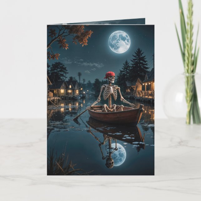 Cartão Esqueleto de Halloween em um barco-ruga (Frente)