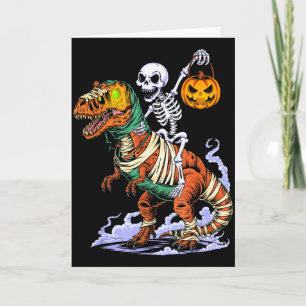 Cartão Esqueleto de Halloween montando Múmia T Rex Dinoss