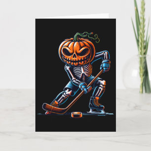Cartão Esqueleto de hóquei no gelo no Halloween Abóbora d