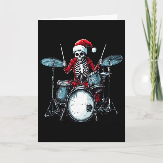 Cartão Esqueleto de Papai Noel Tocando Tambor Bateria Per (Frente)