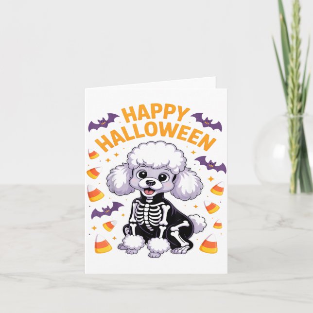 Cartão Esqueleto de Poodle Feliz Halloween (Frente)