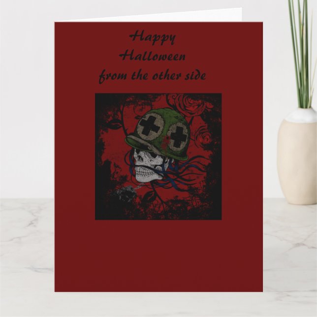 Cartão Esqueleto de soldado Feliz Halloween (Frente)