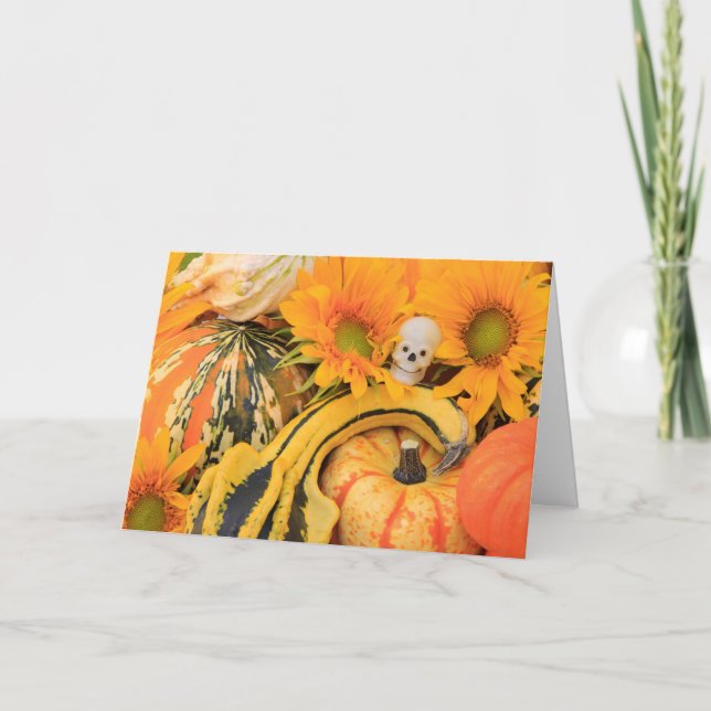 Cartão Esqueleto Engraçado, Abóbora, Girassol, Halloween (Frente)