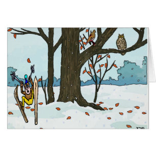 Cartão Esqui de neve e pássaros de Natal japonês