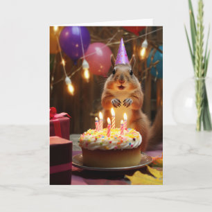 Cartão Esquilo com Bolo de Aniversário