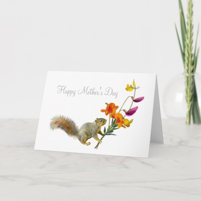 Cartão Esquilo com Dia de as mães de Flores Selvagens (Frente)