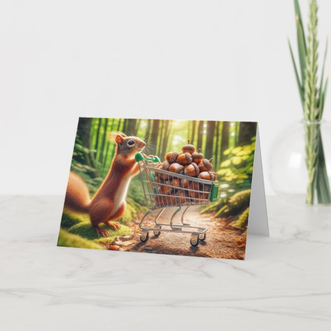 Cartão Esquilo de Aniversário com Bolotas num Carrinho de (Frente)