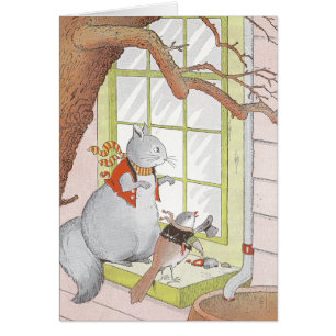 Cartão Esquilo & pássaro cinzentos que olham na janela
