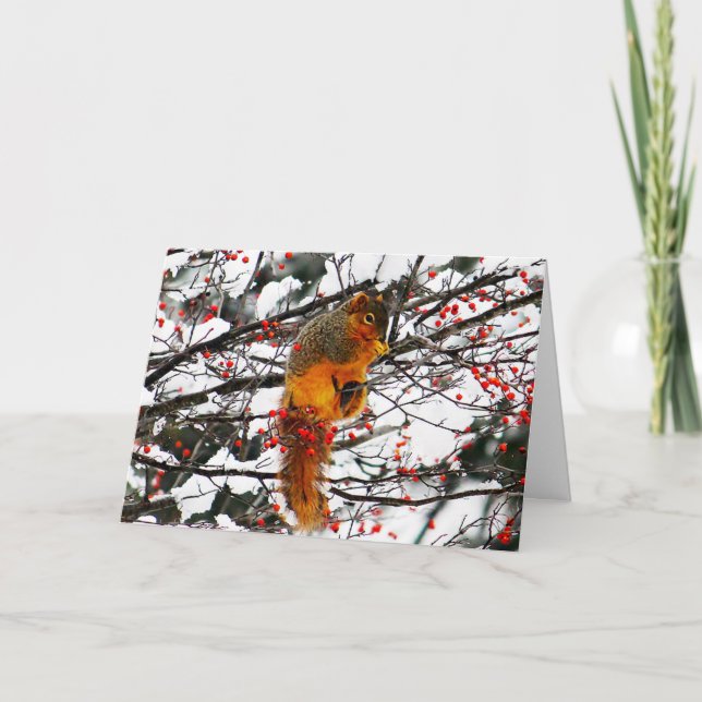 Cartão Esquilo Snow Red Berry Tree Foto Aniversário (Frente)