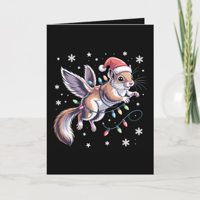 Cartão Esquilo Voador De Natal Chapéu Do Papai Noel Luzes (Frente)
