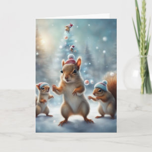 Cartão Esquilos brincando na neve Natal