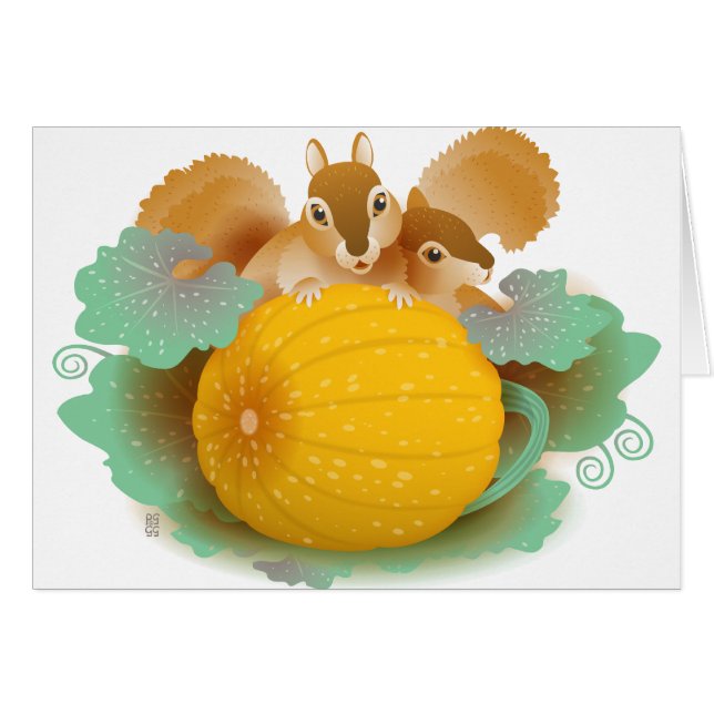 Cartão esquilos no remendo da abóbora (Frente Horizontal)