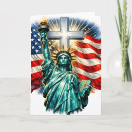 Cartão Estátua da Liberdade com Bandeiras e Cruz