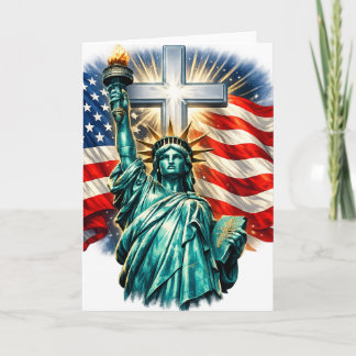 Cartão Estátua da Liberdade com Bandeiras e Cruz
