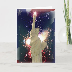 Cartão Estátua da Liberdade com Fogos de Artifício em 4 d