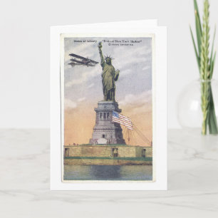 Cartão Estátua da Vintage do PC da Liberdade com Biplane
