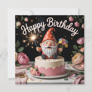 Cartão Estátua de Gnome de Aniversário em um Bolo