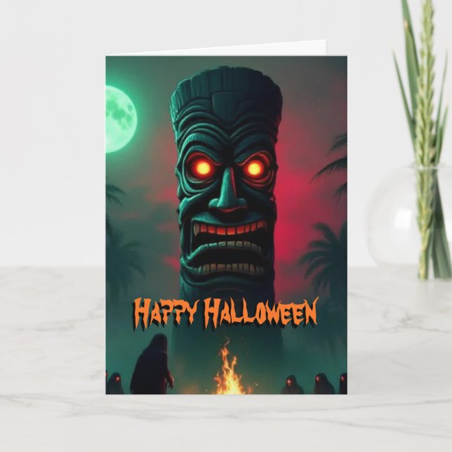 Cartão Estátua de Halloween Tiki brilhante (Frente)