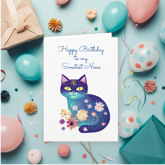 Cartão Estilo de Arte Folclórica Gato e Flores Aniversári