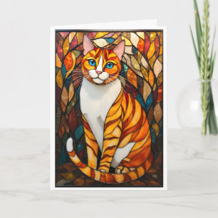 Cartão Estilo de Vidro Colorido Gato Laranja Olhos Azuis