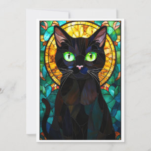 Cartão Estilo de Vitral Gatinho Preto Encantador Olhos Ve