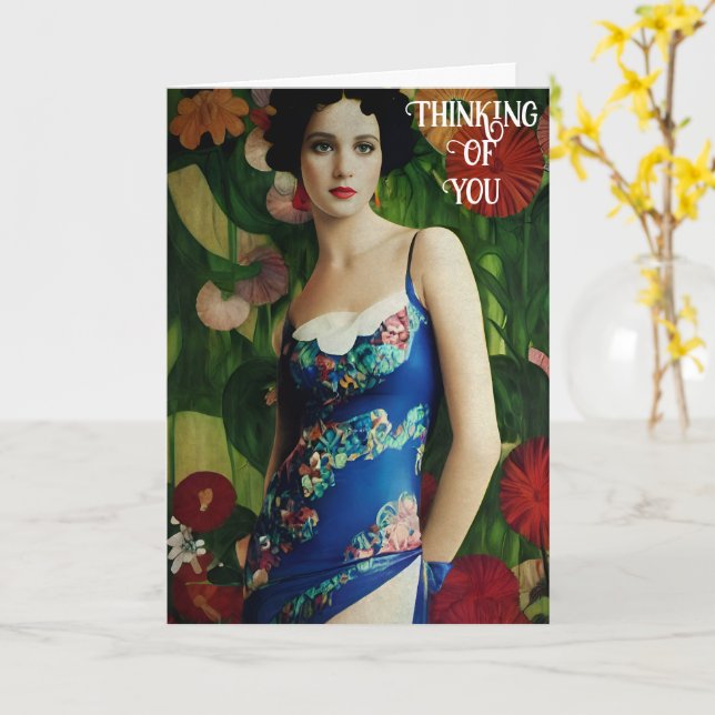 Cartão Estilo Deco Elegante Mulher com Flores Grandes (Flor Amarela)