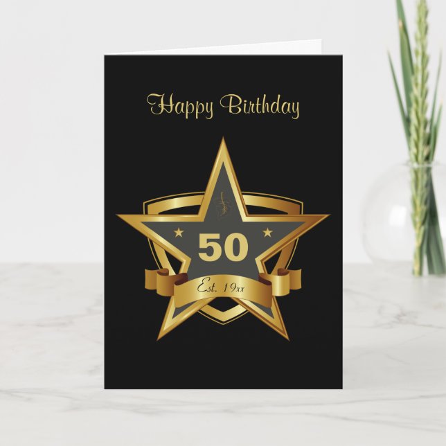 Cartão Estrela de 50º Aniversário Preta e Dourada (Frente)