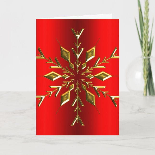 Cartão Estrela de Floco de Neve Dourada Natal Vermelho (Frente)
