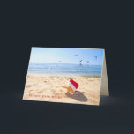 Cartão Estrela do mar do Natal no litoral com gaivotas<br><div class="desc">estrela do mar que veste o chapéu peludo vermelho e branco do papai noel na praia com gaivotas e fundo da água azul</div>
